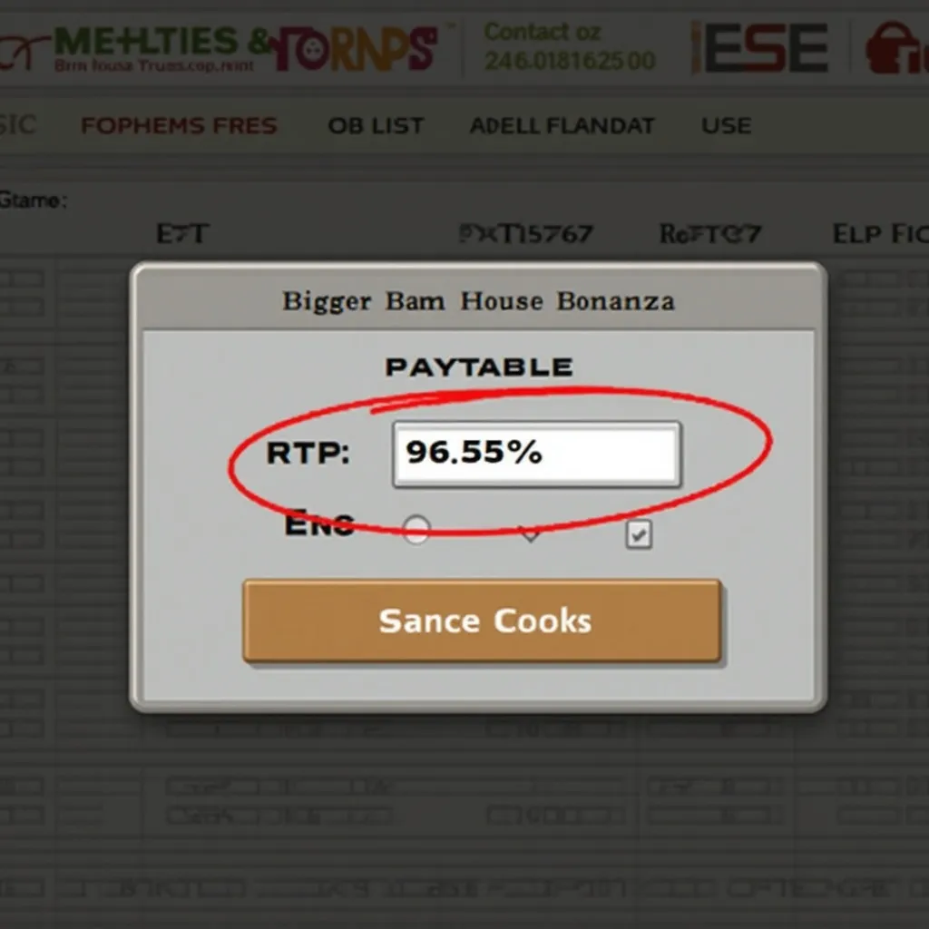 Screenshot of Bigger Barn House Bonanza paytable showing RTP percentage