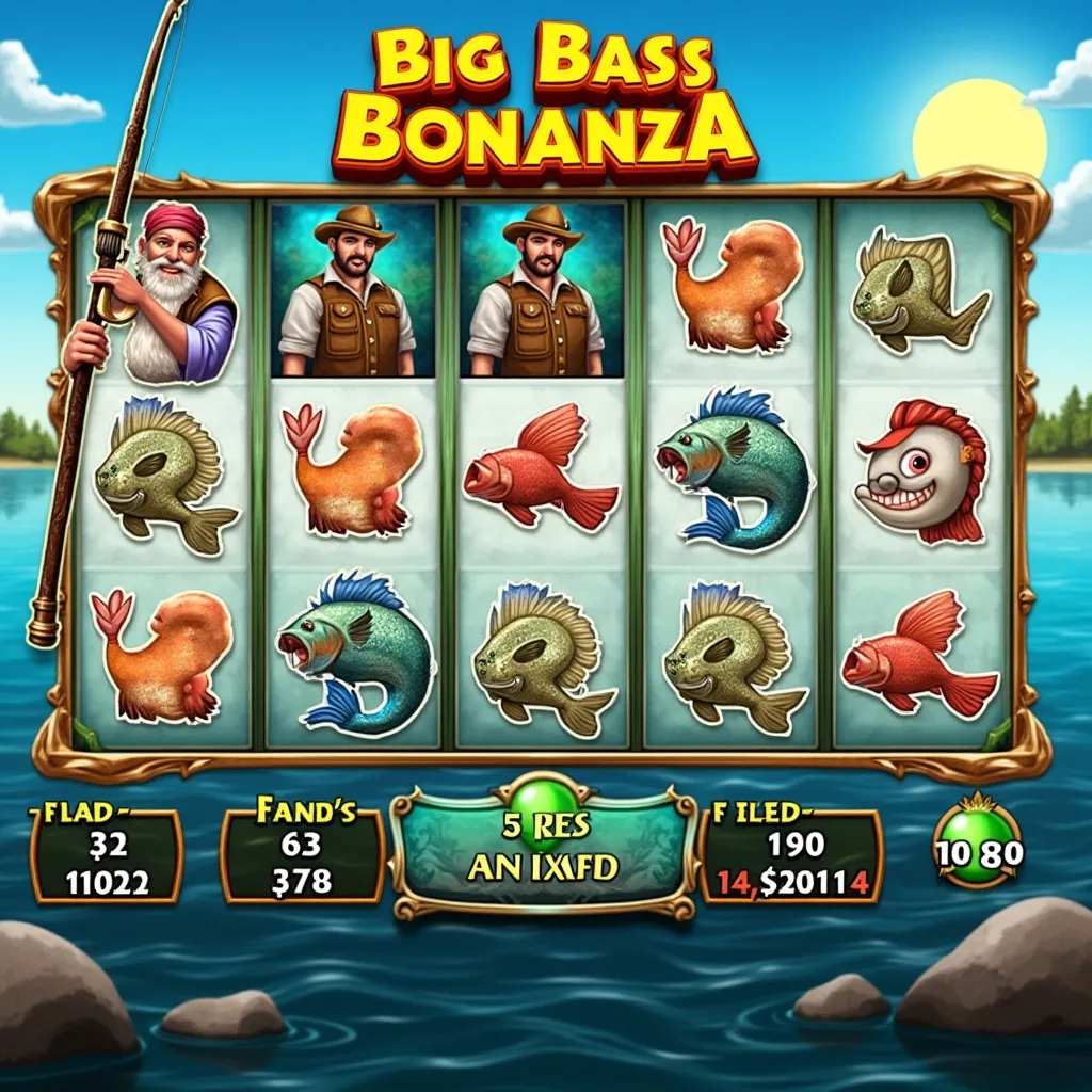 Big Bass Bonanza fishing theme with fisherman and fish symbols