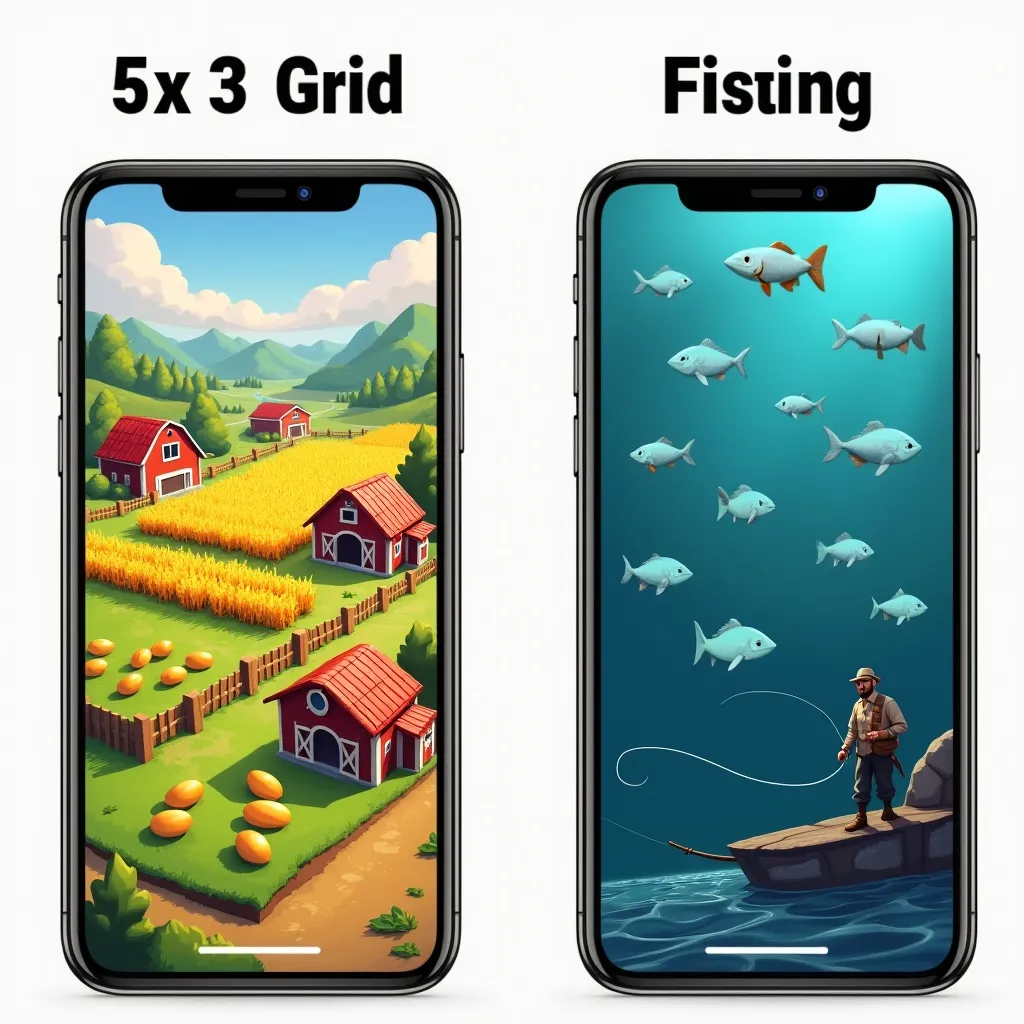 Side by side comparison of farm and fishing pokies